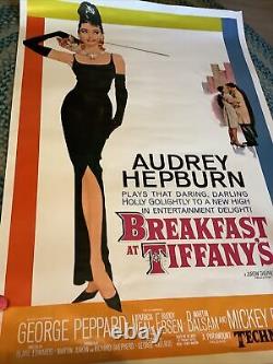 27 X 40 Original 1961 Breakfast At Tiffany's Audrey Hepburn Movie PosterVTG